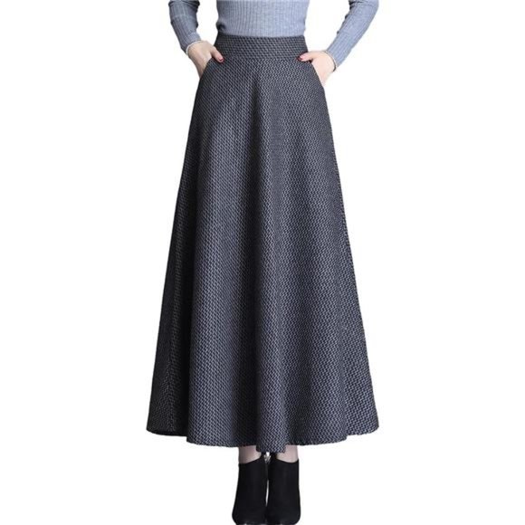Women's Long Wool Plaid Skirt Fall Winter A Line Flared Maxi Skirt, Dark Gray